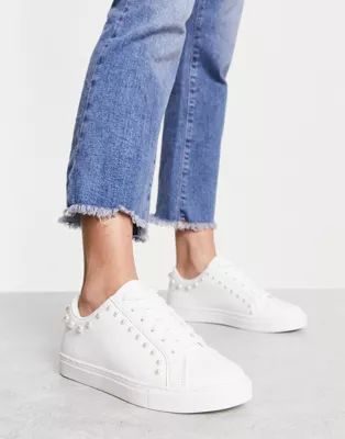ASOS DESIGN Dollar faux pearl lace up sneakers in white | ASOS (Global)
