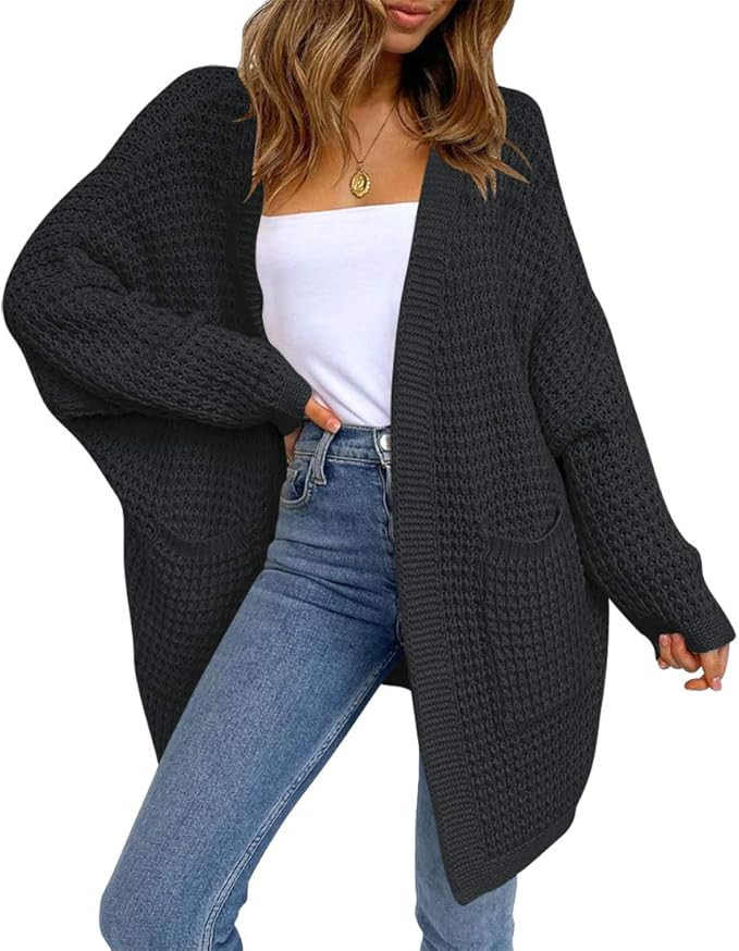 LOGENE Women's Long Batwing Sleeve Open Front Slouchy Chunky Knit Cardigan Sweater with Pockets | Amazon (US)