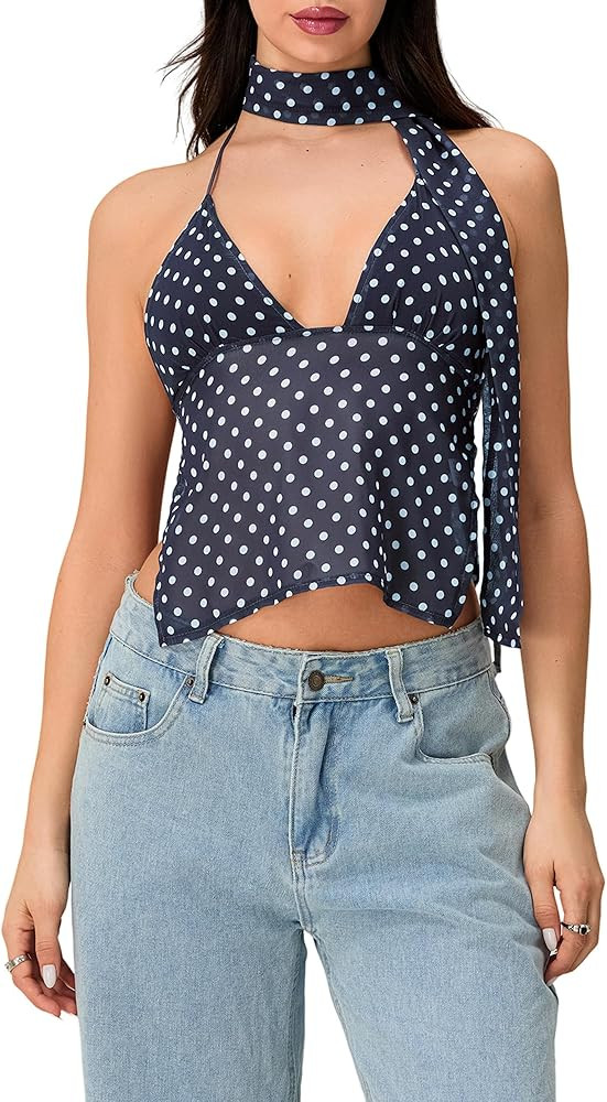 Fiacafyo Women Y2k Polka Dot Halter Neck Tube Top Summer Backless Mesh Ruched Floral Camisole Top... | Amazon (UK)