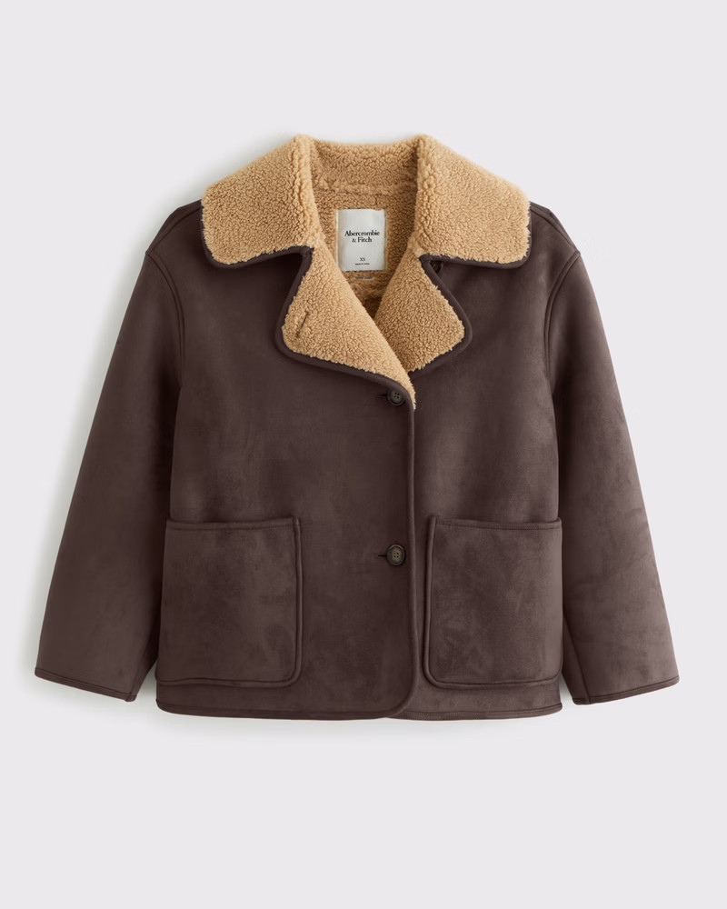Abercrombie & Fitch Women's Mid-Length Vegan Suede Shearling Coat in Brown - Size S | Abercrombie & Fitch (US)
