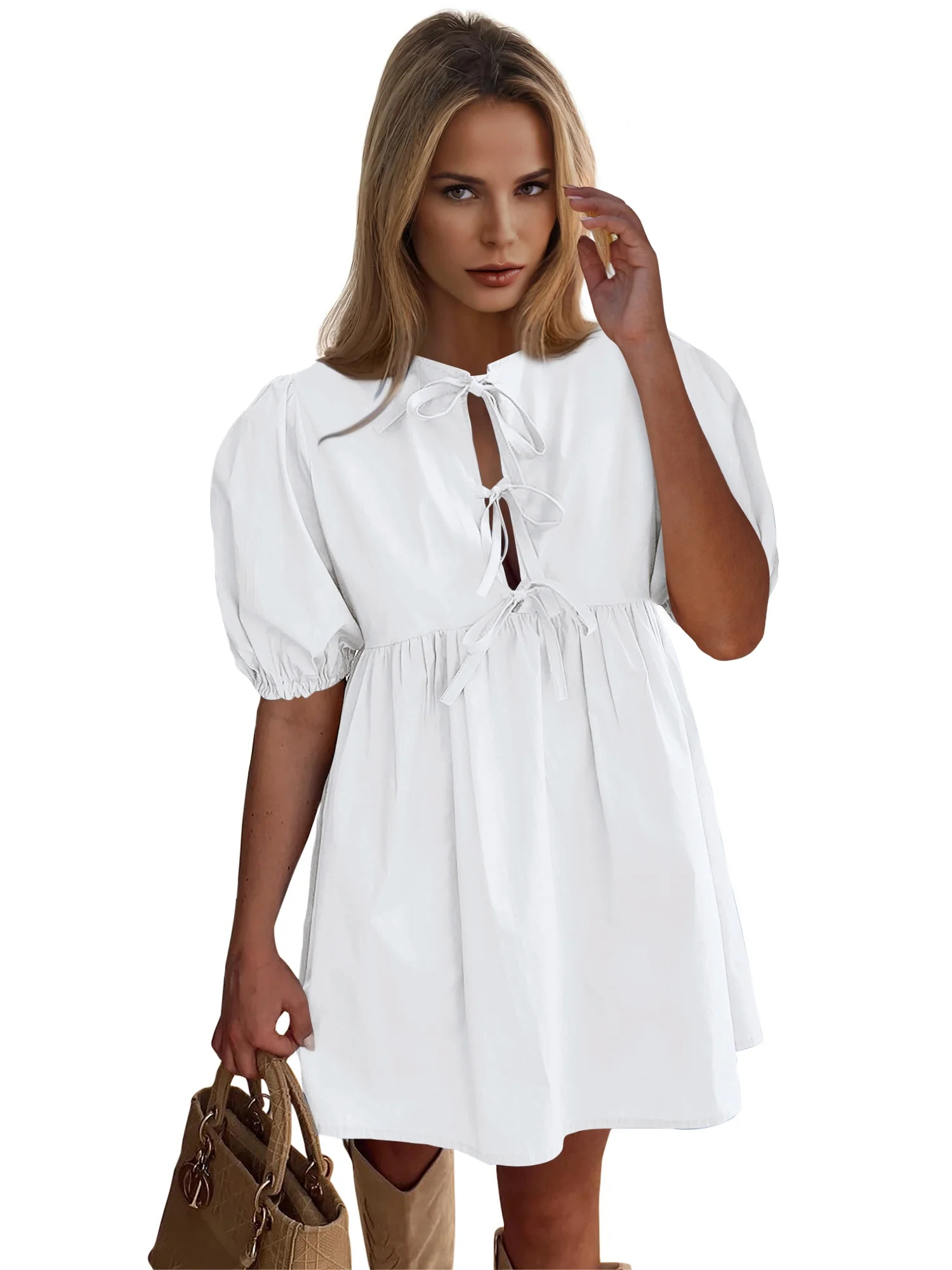 PRETTYGARDEN Women's Bow Front Mini Dress with Puff Sleeves, Sizes S-XXL | Walmart (US)