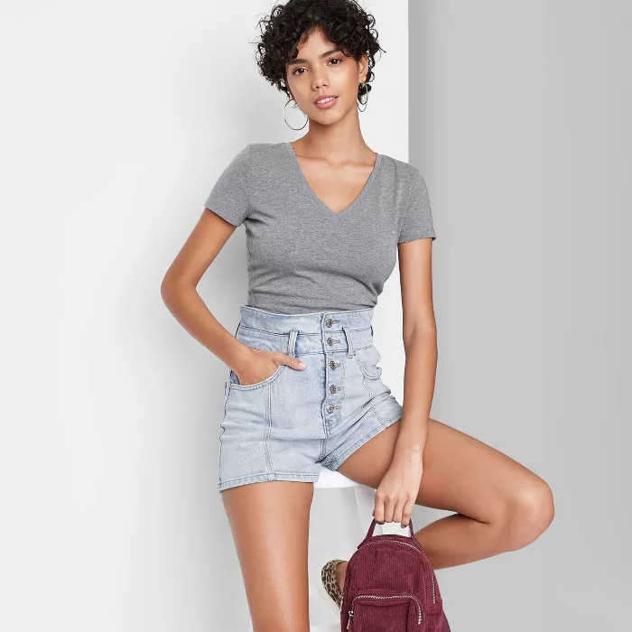 Women's Short Sleeve V-Neck Slim Fit Cropped T-Shirt - Wild Fable™ Gray M | Target