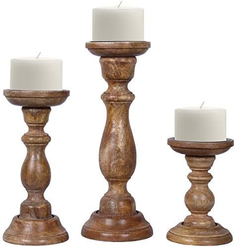 Rustic Wood Candle Holders, Medium Polished – Set of 3 Hand Carved Decorative Candle Holders for Liv | Amazon (US)