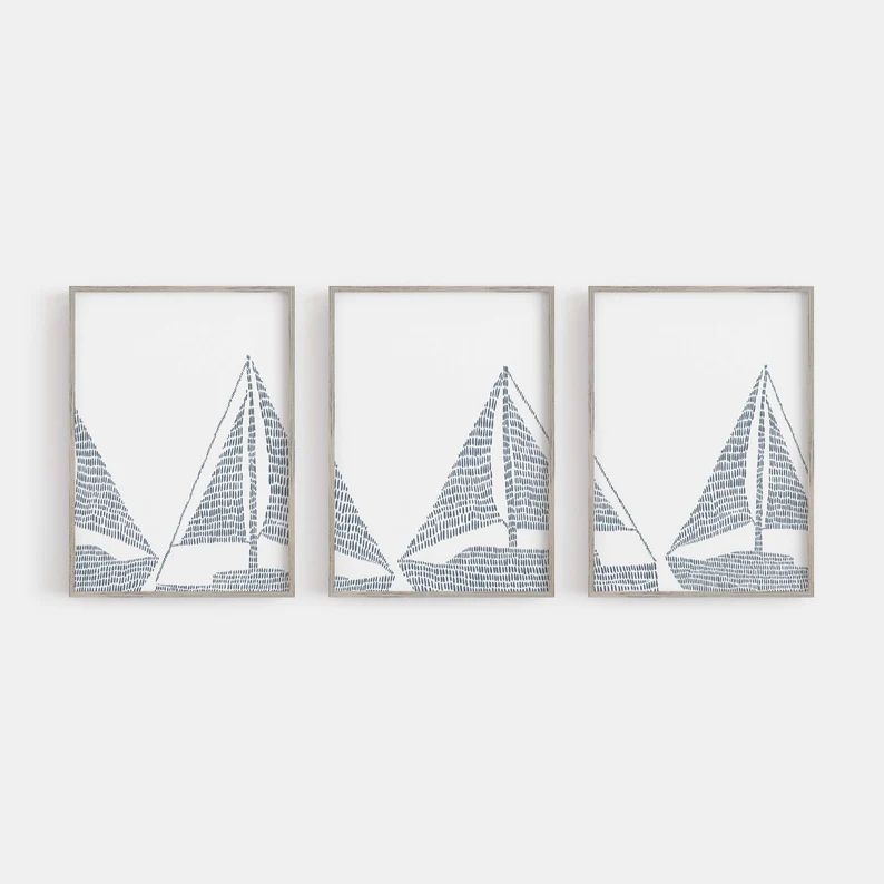 Nautical Decor Sailboat Print Coastal Print Set of 3 Triptych Blue and White Modern Wall Art Nurs... | Etsy (US)