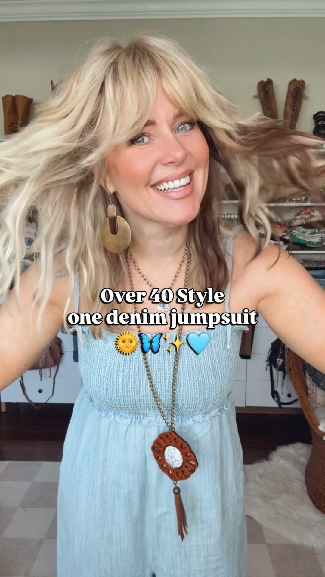 This denim jumpsuit is SO CUTE! 
I’m in a medium. 
You could tuck the straps in if you wanted to wear it strapless, you can wear a fitted tee underneath it too! 
You could also tuck the back straps in and wear the two front ones like a halter. So many ways! 
It is denim so if it’s too long you can cut the length. I’m wearing a heeled s sandal. 
✨Use code MANDIE20MAULDIN @Three Bird Nest if it’s not on sale already. 
💛My earrings are @twistedsilver save there with code MANDIE20
💼My bag is @vintagebohobags

#LTKootd #LTKgrwm #LTKOver40