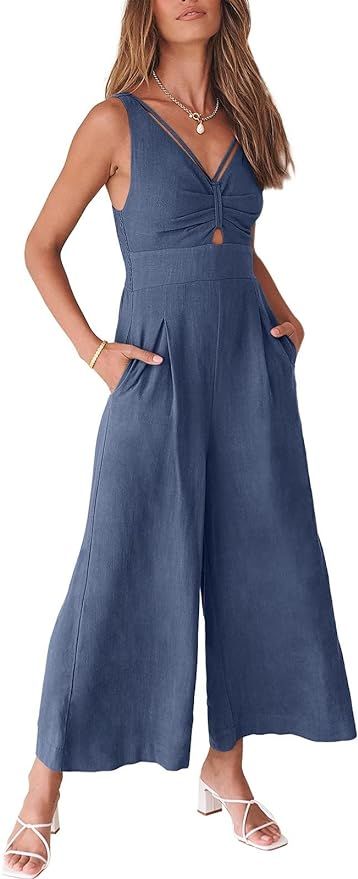 ANRABESS Women's Summer Wide Leg Jumpsuits V Neck Sleeveless High Waist Vacation Linen Rompers Dr... | Amazon (US)