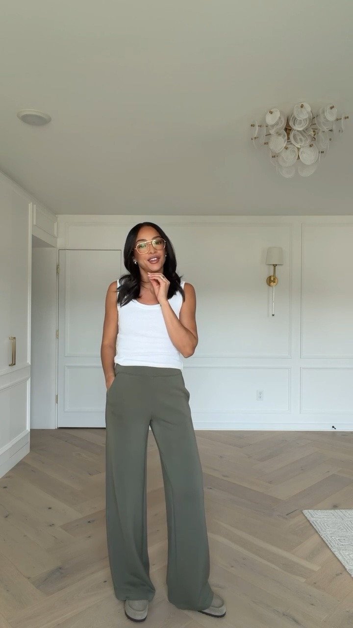 Use code NENAXSPANX to save 15% off your first spanx order!! This material is my favorite of all time for loungewear, travel and my go-to airport outfit! The moss green color is perfect for fall 🤩 Wearing size S tank, size S track jacket and size XS wide leg pant