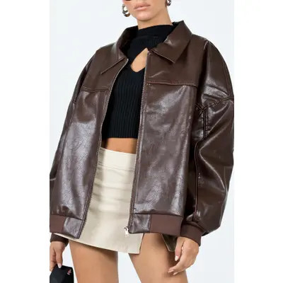 Princess Polly Goldsmith Oversize Faux Leather Bomber Jacket in Brown at Nordstrom, Size 12 | Nordstrom