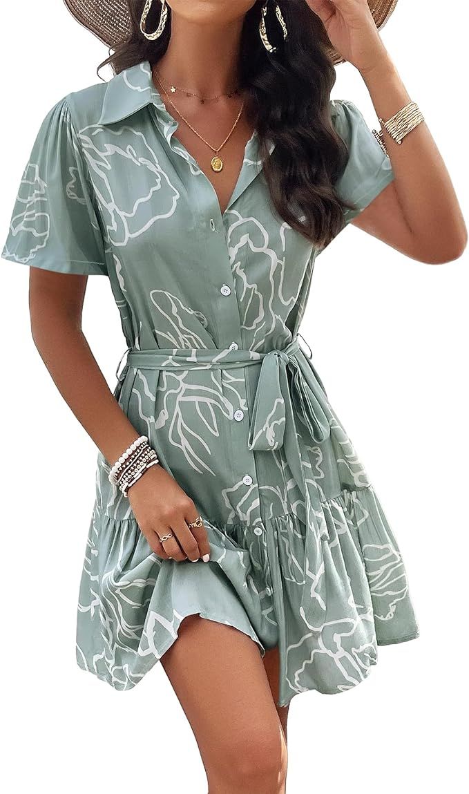 BROVAVE Women's Summer Casual Shirt Dress Short Sleeve V Neck Tie Waist Button Down Mini Dress | Amazon (US)