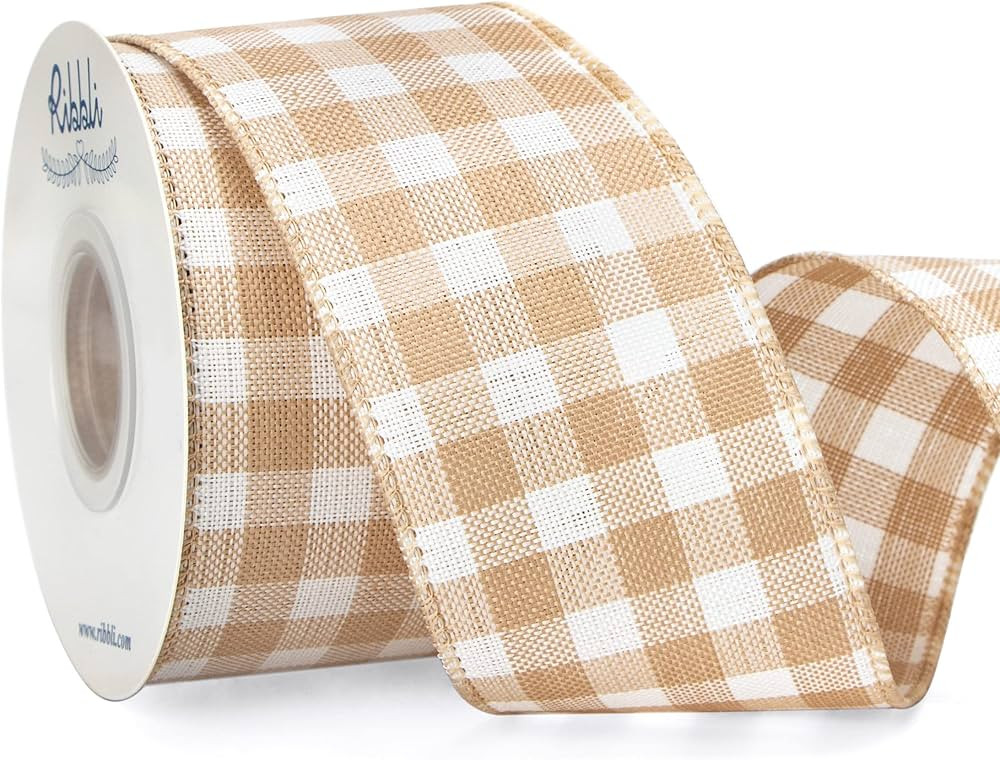 Ribbli Beige and White Check Wired Ribbon, 2-1/2 Inch x 10 Yard,Rustic Plaid Easter Burlap Light ... | Amazon (US)