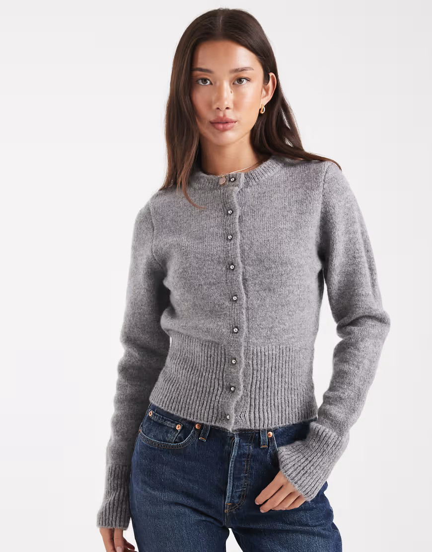 ASOS DESIGN fluffy neat fit knit cardigan in gray | ASOS (Global)