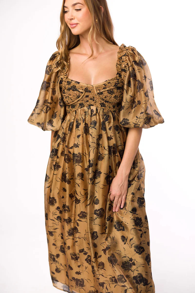 Harlow Camel & Black Floral Maxi Dress with Stretchy Neckline - Bump F | Worth Collective