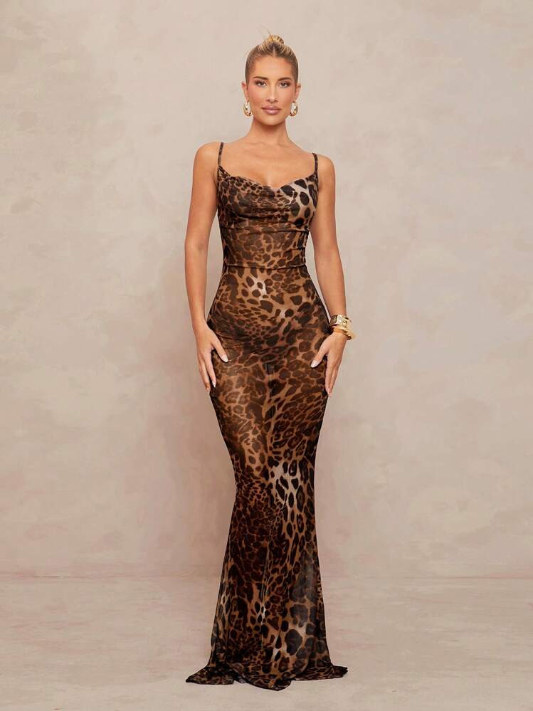 Lumalex Spring Outing Summer Swimsuit Swimwear Swim Vacation Elegant Easter Bohemian BOHO Sea Beach Hot Outdoor Richly Layered Wedding Season Banquet Coming Of Age Ceremony Beach Seaside Women's Satin Asymmetrical Classic Coffee Brown Leopard Print Plunging Neckline Camisole Sheer Mermaid Dress With Back Slit And Tie Waist For Women Women Dresses Birthday | SHEIN