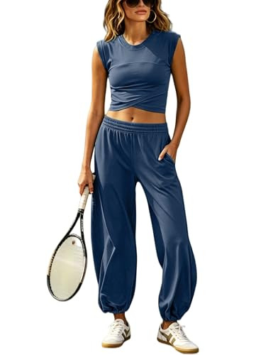 Seetaa Womens 2 Piece Sweatsuits Sets Casual Workout Cropped Tee Top High Rise Sweatpants Athletic Tracksuits(Blue-L) | Amazon (US)