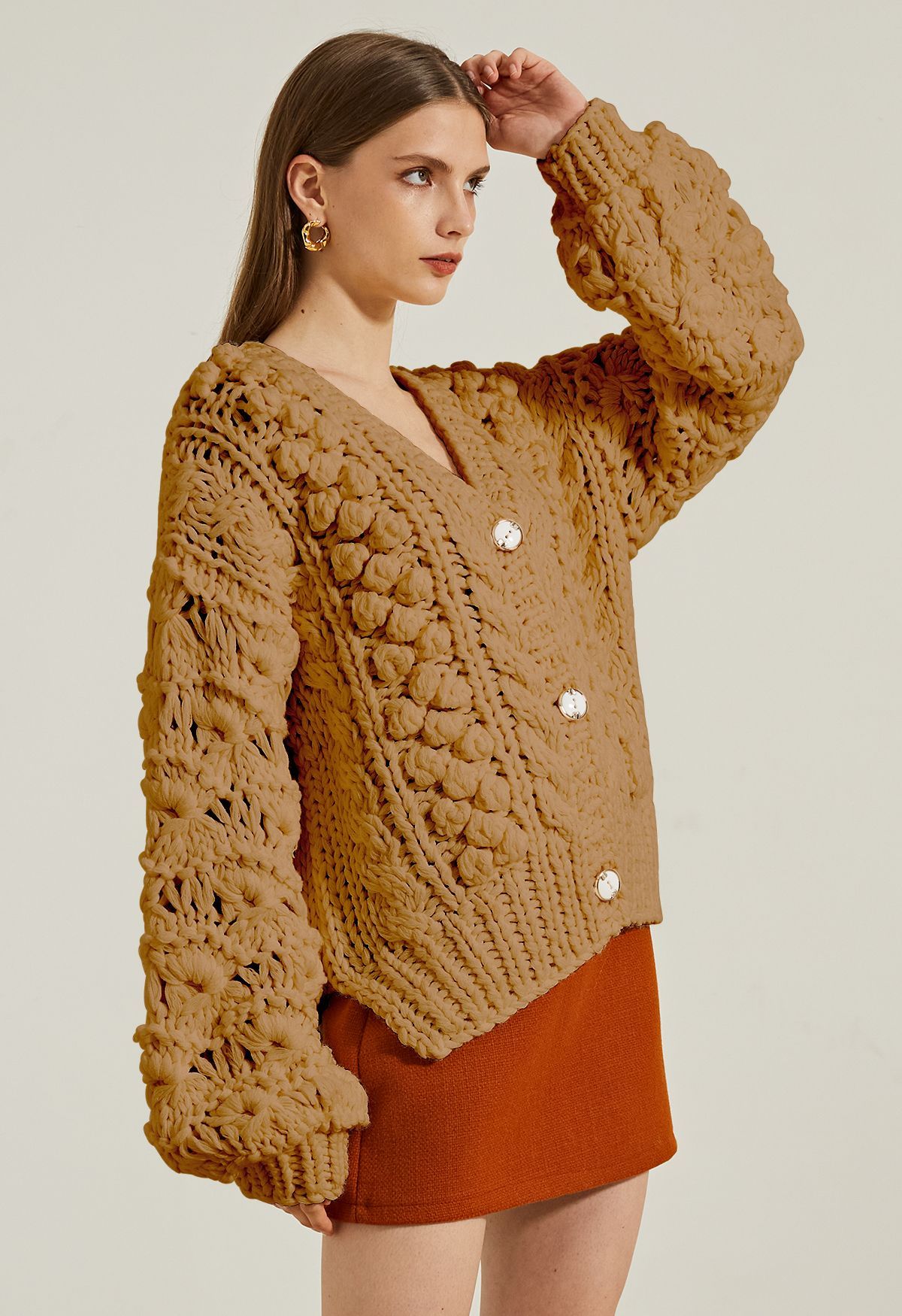 Button Up Pointelle Sleeve Pom-Pom Knit Cardigan in Tan | Chicwish