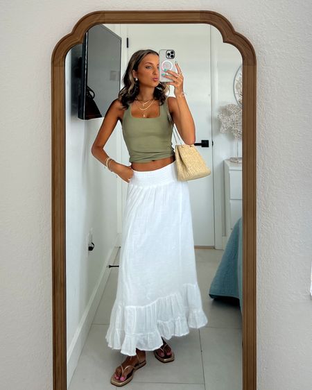 easy casual outfit ideas from American eagle to wear this summer. 💗

wearing an XS in tank and white linen skirt 