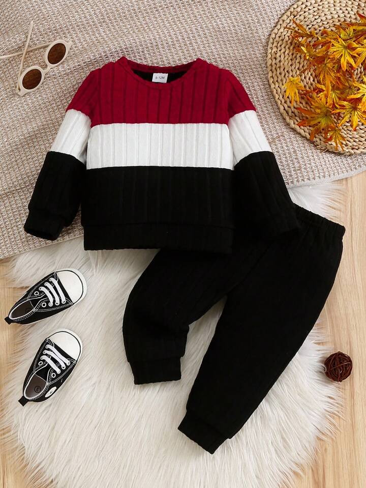 2 Peças Conjunto De Bebê Menino Com Top De Manga Longa Listrada Em Contraste E Calça Casual, Outono/Inverno | SHEIN