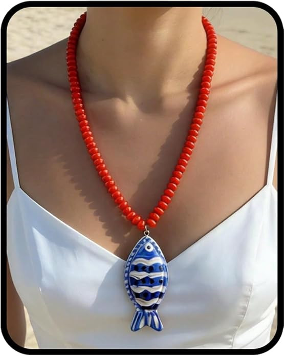 Boho Fish Pendant Beaded Necklace for Women, Bohemian Handpainted Blue Ceramic Fish Charm Red Cor... | Amazon (US)