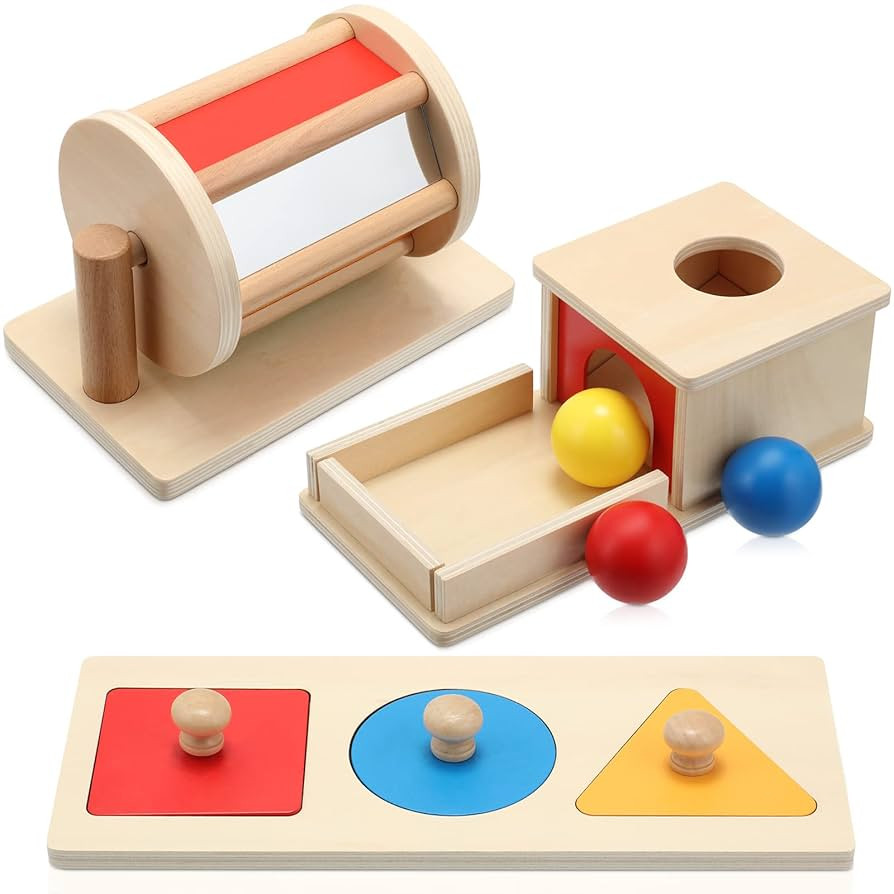 Sratte 3 Pcs Wooden Baby Toys Set, Object Permanence Box, Rainbow Drum, Colorful Multiple Shape P... | Amazon (US)