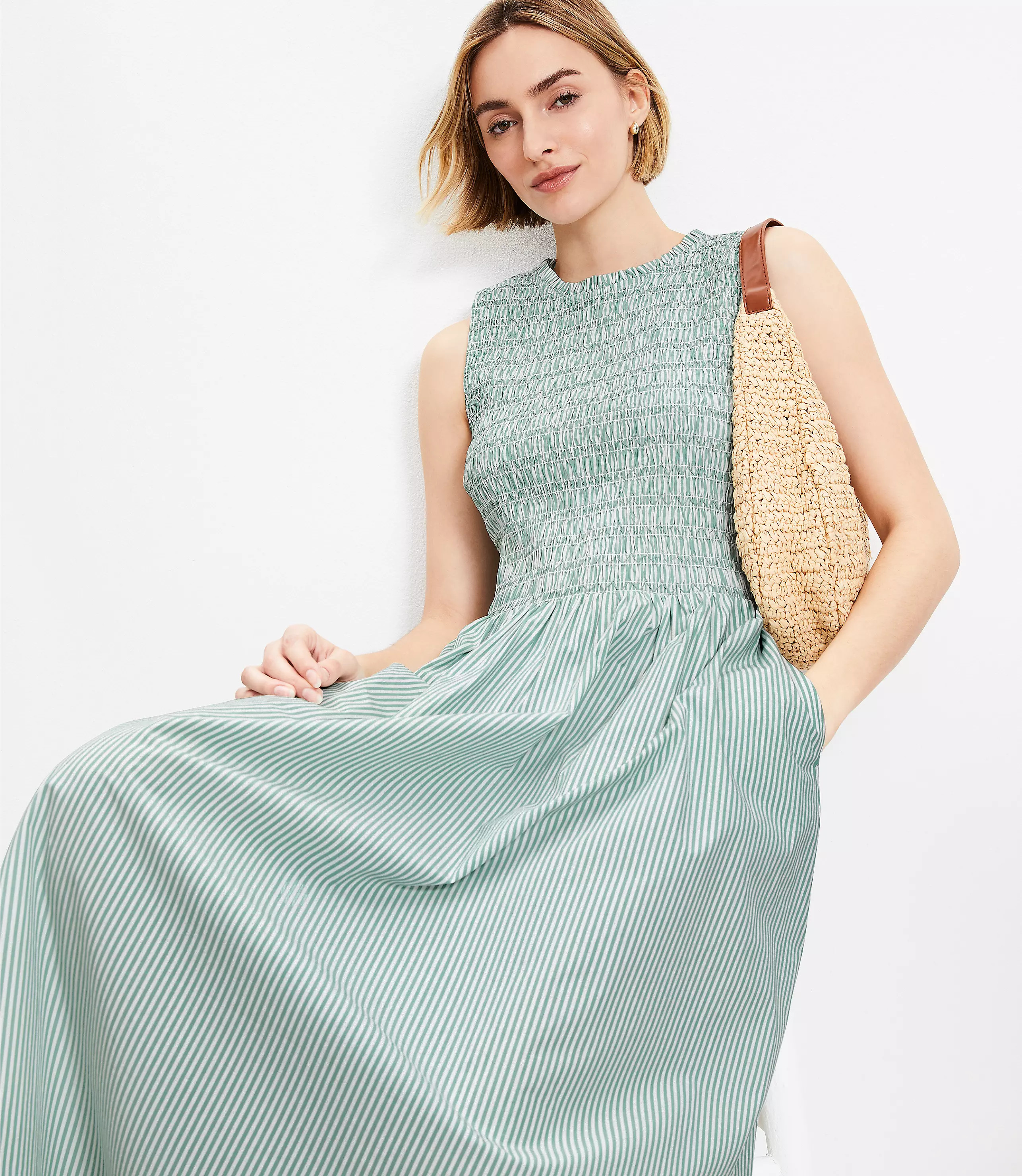 Striped Poplin Smocked Midi Pocket Dress | LOFT
