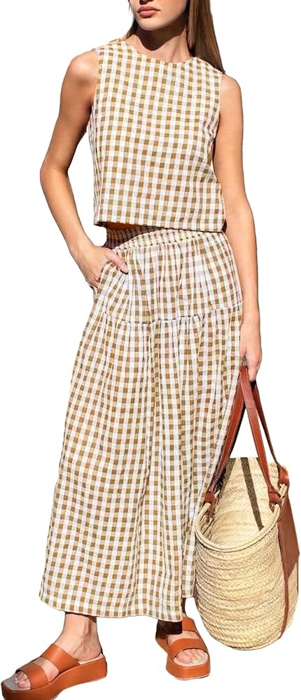 Womens Gingham Two Piece Set Sleeveless Top High Waist Skirt Set | Amazon (US)