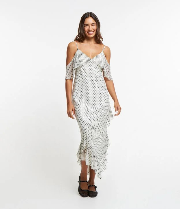 Vestido Midi em Tule com Babados Assimétricos e Estampa Poá Off White | Renner (BR)