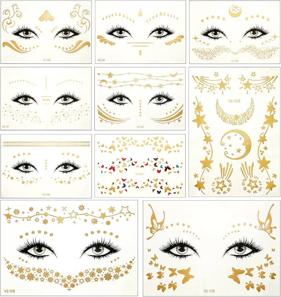 Temporary Tattoo Stickers 10 Sheets Face Metallic Gold Glitter Tattoo Temporary Freckle Face Stic... | Amazon (US)