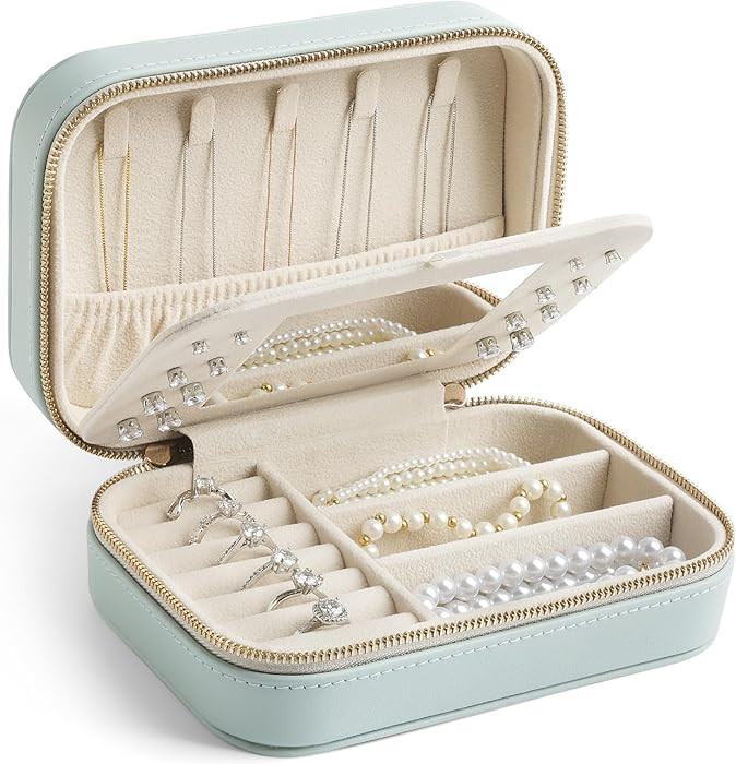 Genuine Leather Travel Jewelry Organizer Case with Mirror for Women, Small Mini Portable Jewelry ... | Amazon (US)