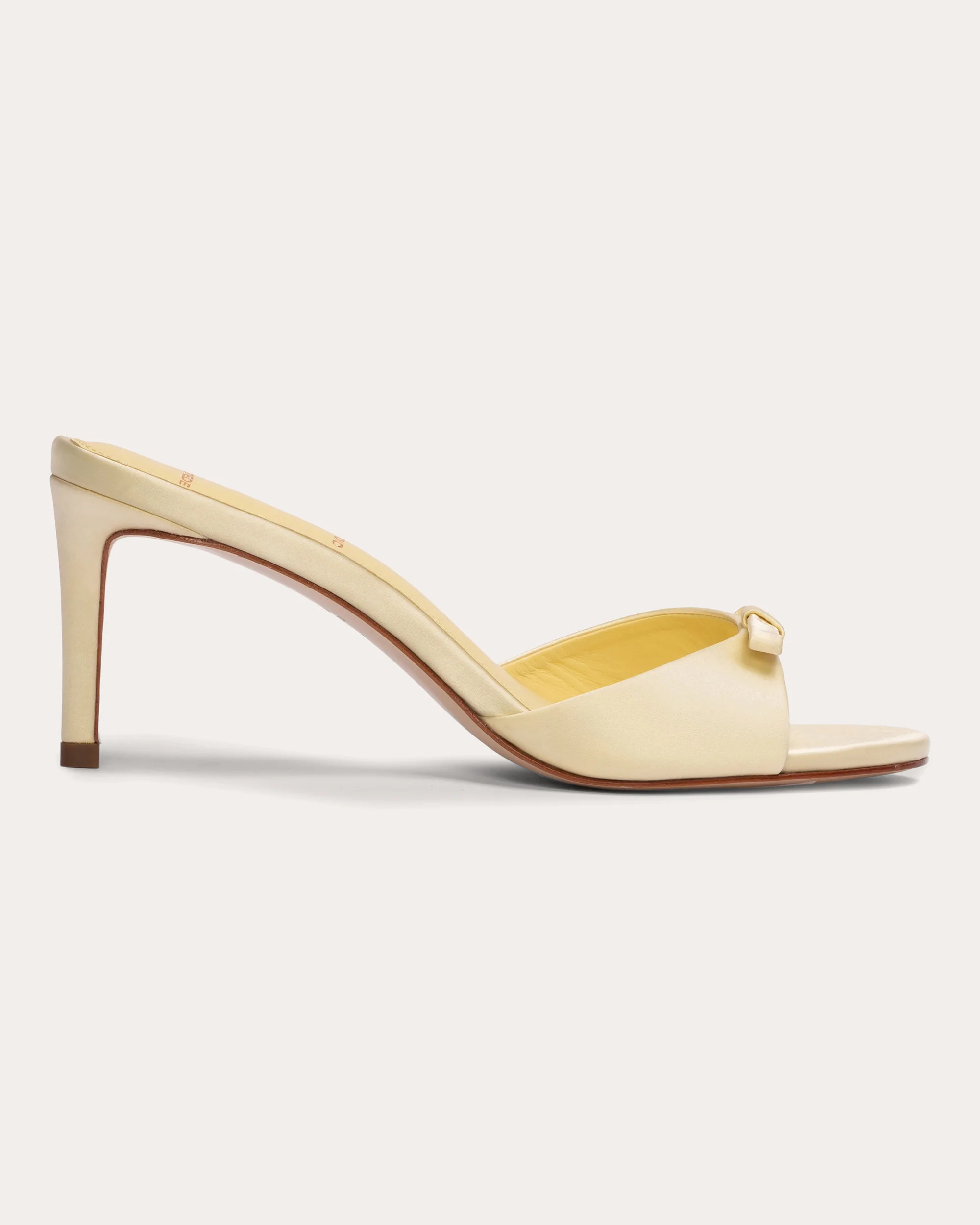 Black Suede Studio Women's Albie 65 Bow-Embellished Satin Sandal in French Vanilla Satin Leather | Olivela