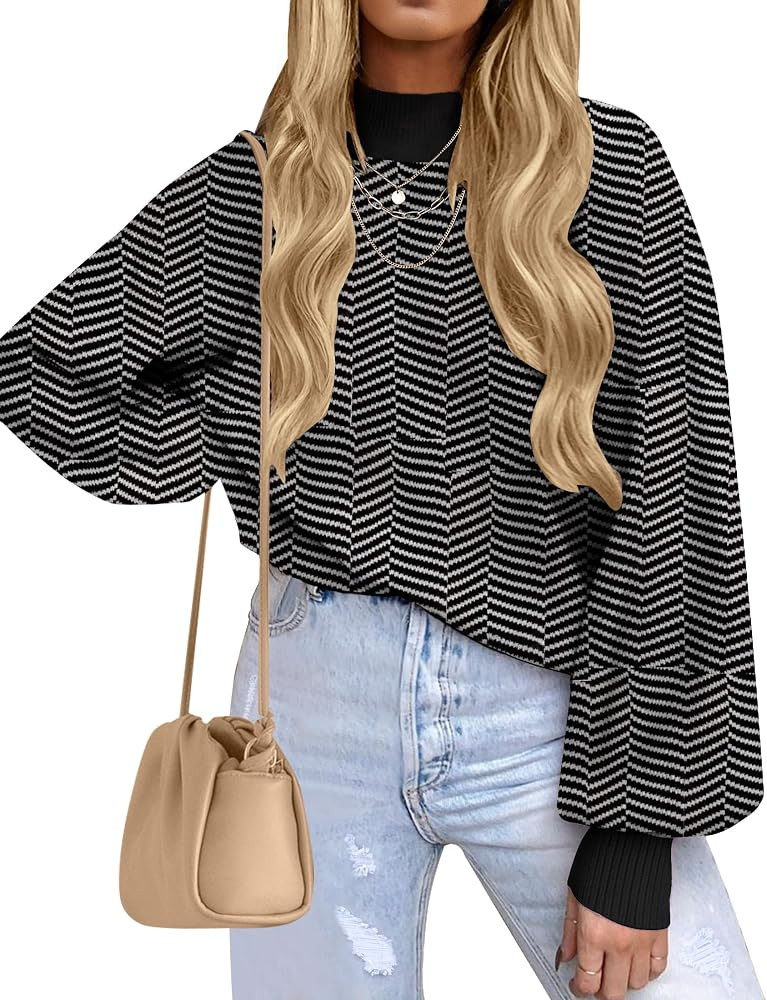 ZESICA Women's 2024 Fall Fashion Turtleneck Long Sleeve Striped Ribbed Knit Loose Pullover Sweate... | Amazon (US)