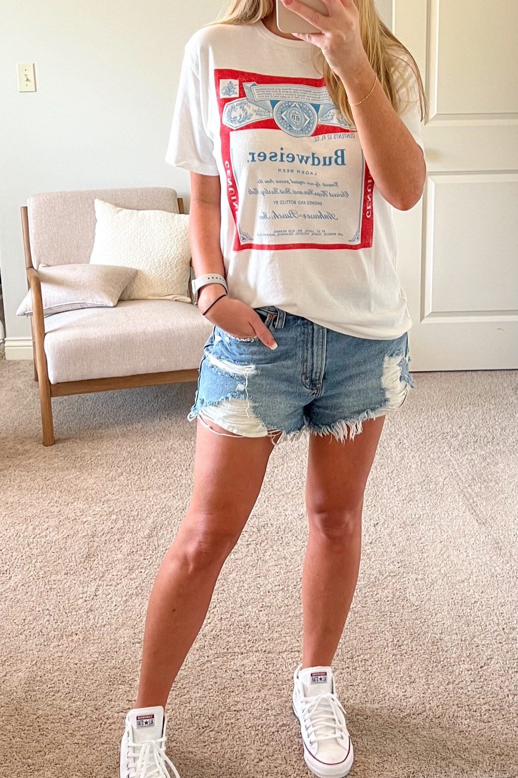 Red, white & blue casual outfit! Summer outfit, denim shorts, cute tennis shoes, classic converse, july 4th outfit
#summeroutfit #casualoutfit #outfitidea #abercrombieshorts #patriotic 
Abercrombie, Converse, graphic tee, Budweiser 

#LTKOver40 #LTKSummerSales #LTKFindsUnder50