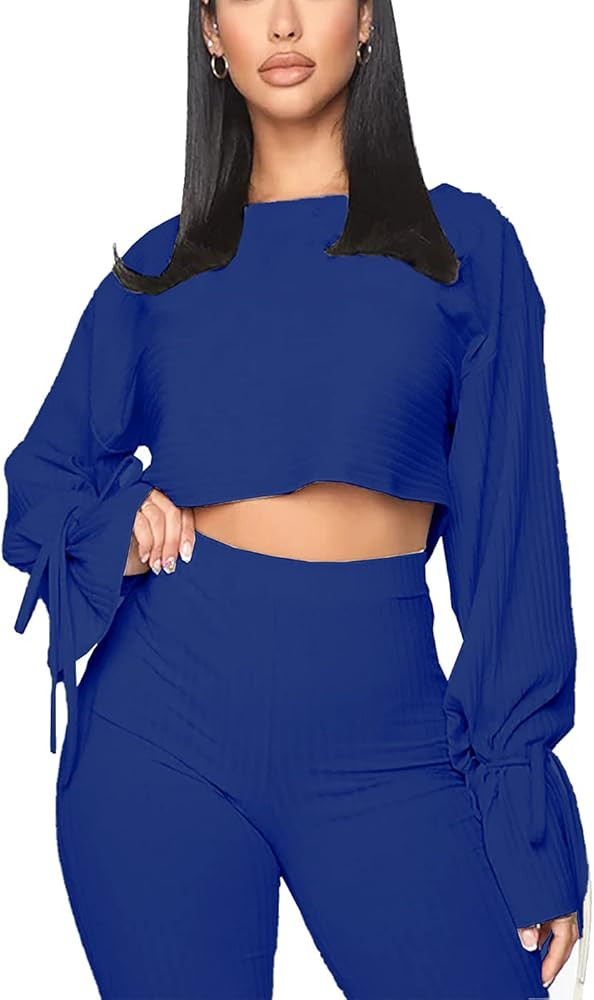 Solid Color Two Piece Outfits for Women，Long Sleeve Crop Top and Bodycon Pants Joggers Clubwear... | Amazon (US)