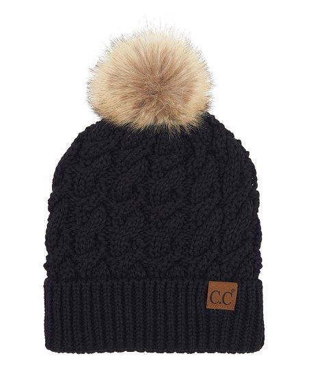 Black Ribbed Pom-Accent Beanie | Zulily