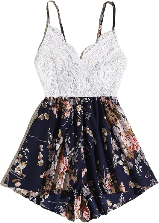 SheIn Women's Boho Crochet V Neck Halter Backless Floral Lace Romper Jumpsuit | Amazon (US)