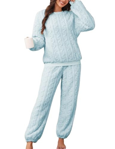 BAJAOEY Pajamas Sets for Women Soft Comfy Fluffy Pajama Fleece Pullover Ribbed Pjs Warm Plush Lounge Sleepwear Light Blue | Amazon (US)