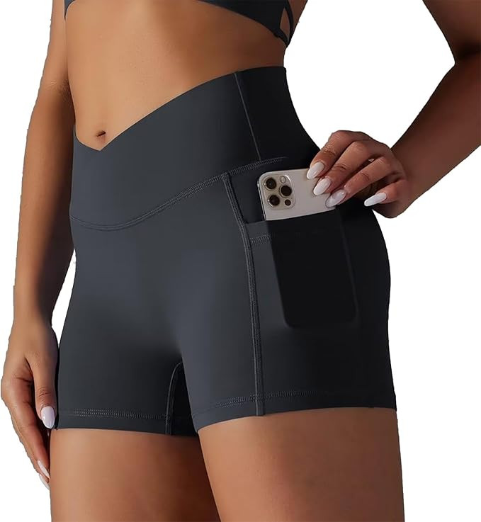 bpbtti Women's Crossover High Waist Workout Shorts with 2 Side Pockets | Amazon (US)
