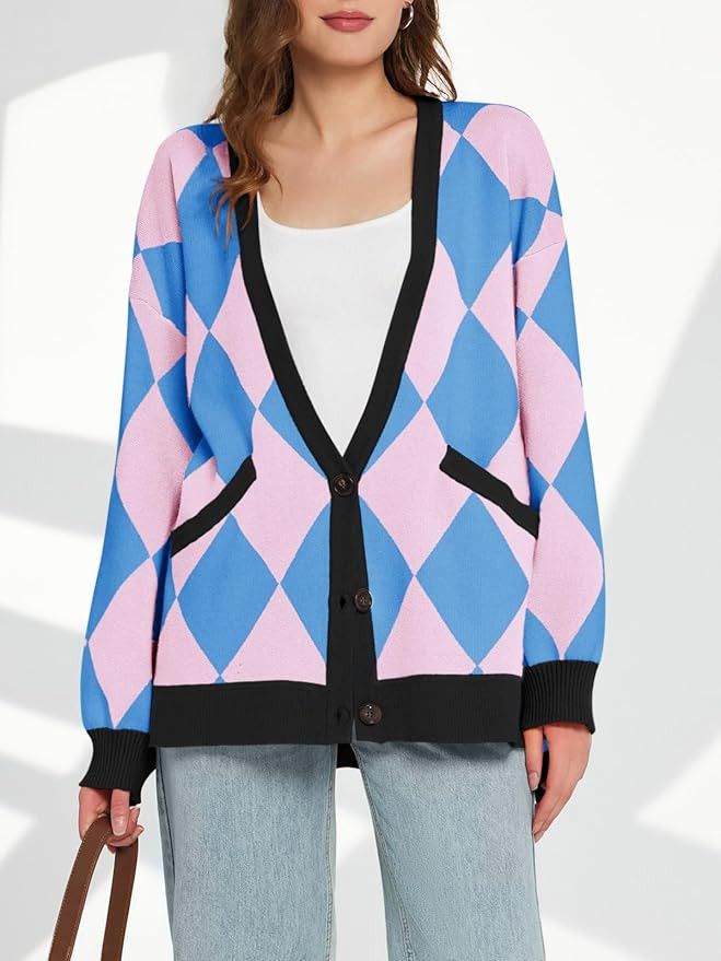 Saodimallsu Womens Checkered Oversized Cardigan Sweaters V Neck Button Down Long Sleeve Slouchy K... | Amazon (US)