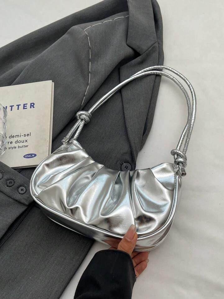 1pc Solid Color Pleated Glossy Cloud-Shaped PU Shoulder Bag, Fashionable Simple Elegant Women's C... | SHEIN