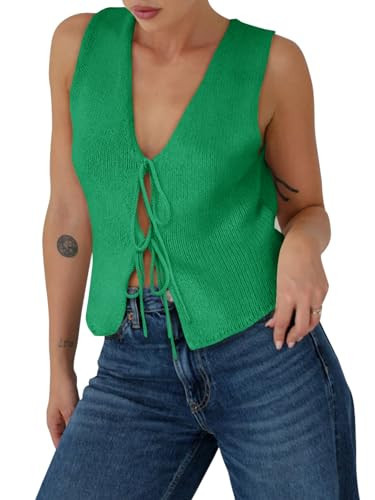 Yousify Womens Sweater Vests Tie Front Knit Vest Summer Ribbed Tank Tops Y2k Cute Vests Fashion Casual Sleeveless Tops Green | Amazon (US)