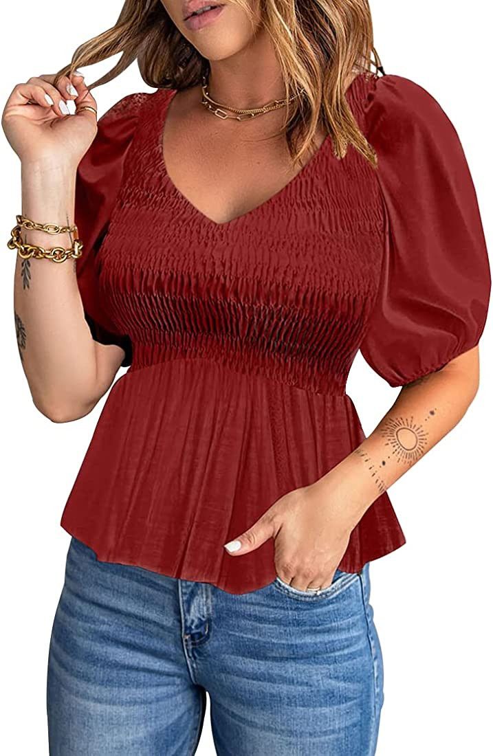 Womens Casual Short Puff Sleeve Smocked Blouses Boho Floral Print Dressy Tops Summer V Neck Shirt... | Amazon (US)
