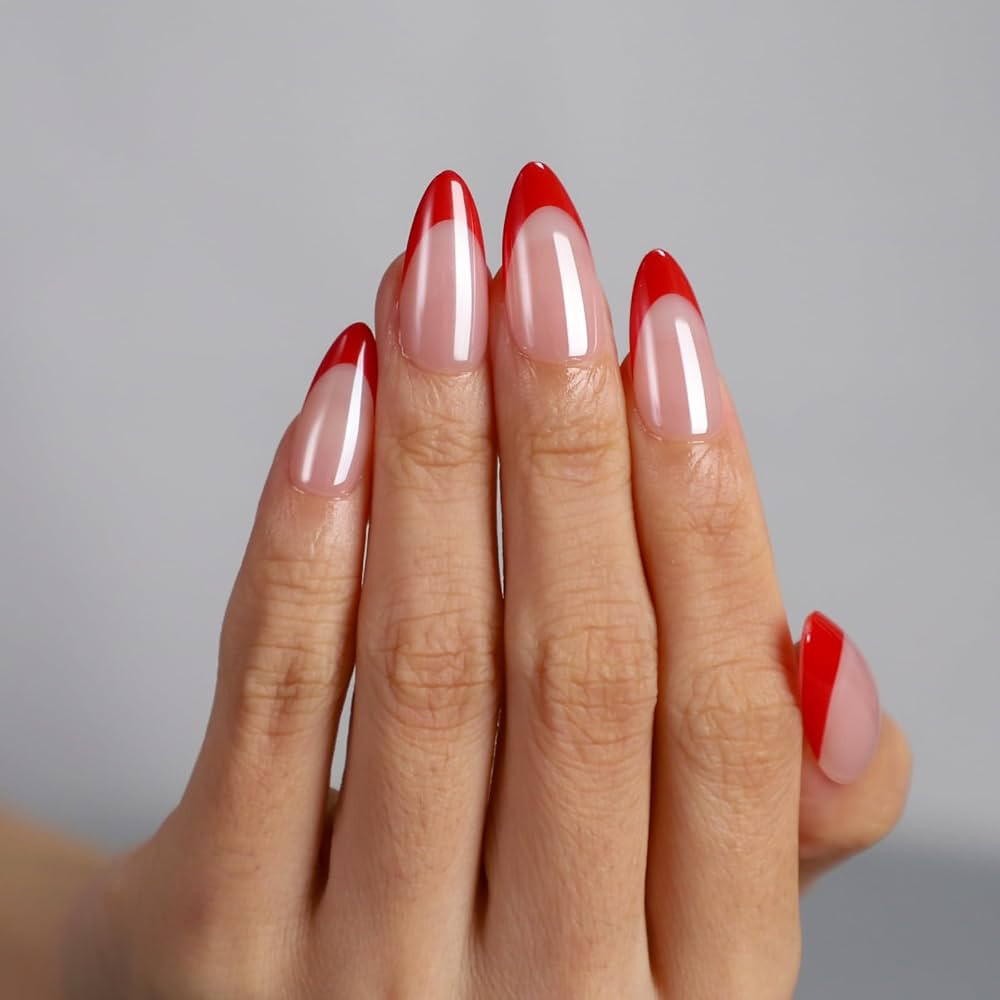 Fiery Red French Chrome Press On Almond Fake Nails Medium 30pcs Glossy 15 Sizes with Nail Glue | Amazon (US)