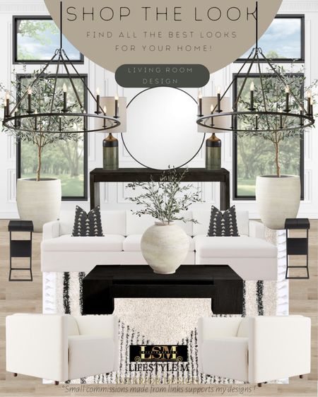 Black modern farmhouse living room idea. Recreate the look with these home furniture and decor finds! Black wood coffee table, white arm chair, living room rug, white sectional sofa, black throw pillows, ceramic tree planter pot, realistic fake tree, black end table, black wood console table, table lamp, round mirror, black wheel chandelier, ceramic vase, realistic fake plant.

#LTKstyletip #LTKhome #LTKFind