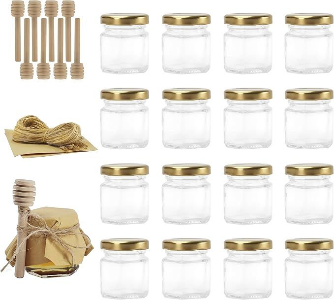 Rormket 24 Pack 1.5oz Glass Hexagon Honey Jars Gold Lids, Extra Wooden Honey Dipper Sticks ,Tag S... | Amazon (US)