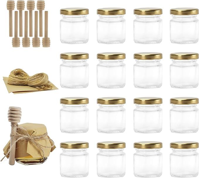 Rormket 24 Pack 1.5oz Glass Hexagon Honey Jars Gold Lids, Extra Wooden Honey Dipper Sticks ,Tag S... | Amazon (US)