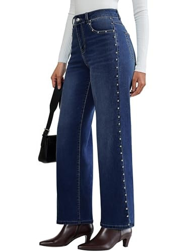 luvamia Women Jeans Wide Leg High Waisted Trendy Side Studded Embellished Distressed Denim Pants Party Outfits for Women 2025 Stretchy Jeans for Women Darkness Blue Large US Size 12-14 | Amazon (US)