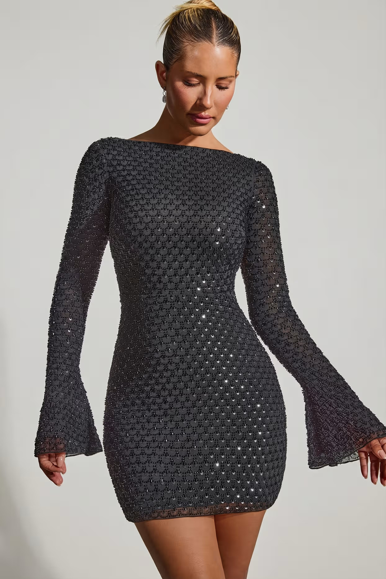 Embellished Open-Back A-Line Mini Dress in Black | Oh Polly