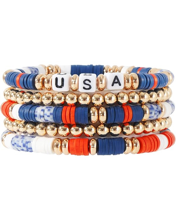 Surfer Heishi Clay Bead Bracelets for Women Bohemian Stackable Gold Plated Beaded Stretch Bracele... | Amazon (US)