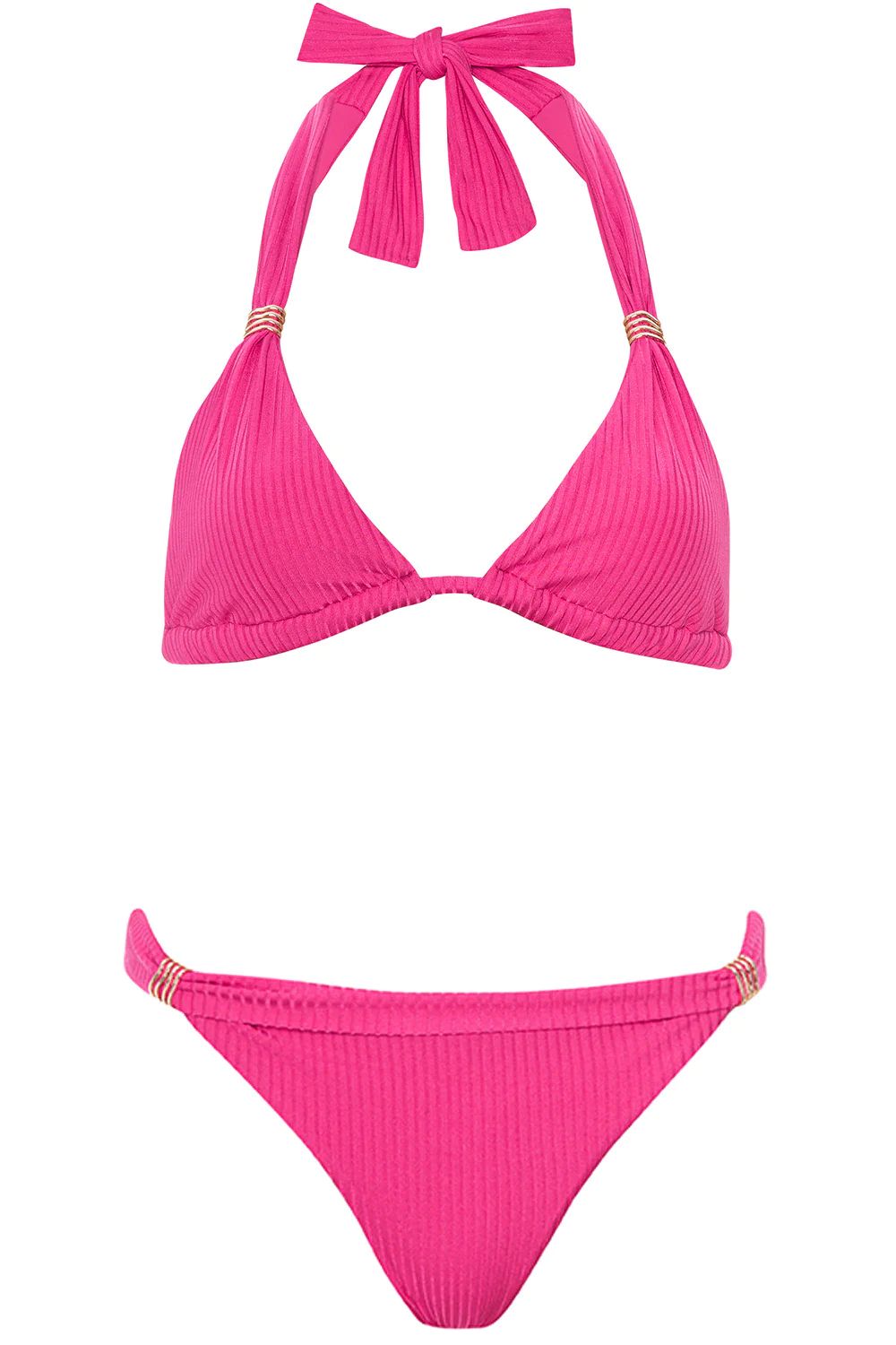 Triangle Bikini Shiny Ribbed Magenta Set | VETCHY