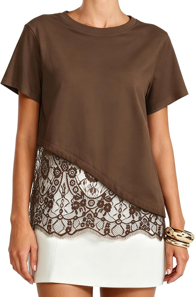 Women's Lace Patchwork Tops Cotton Short Sleeve T Shirts | Amazon (US)