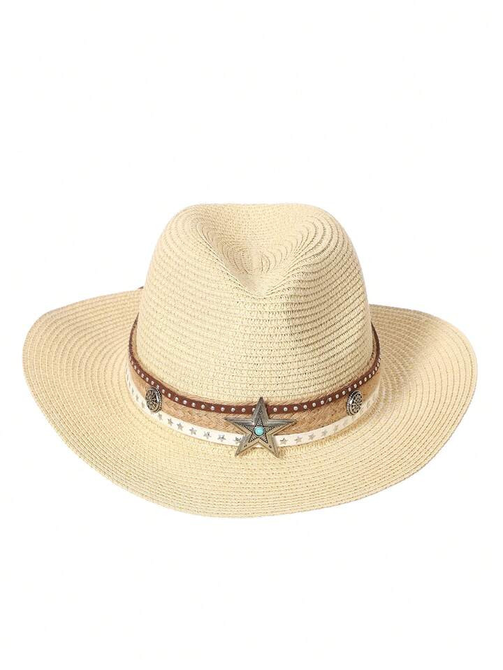 Women's Hand-Woven Beige Straw Hat With Star Studs And Five-Pointed Star Beaded Brim, Western Cow... | SHEIN